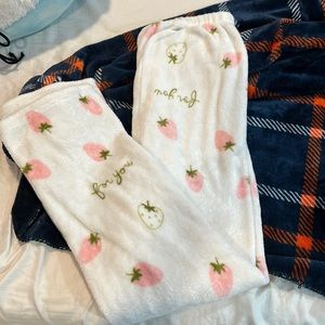 One size, pj pants, has strawberries, fluffy, very loose, from a small business